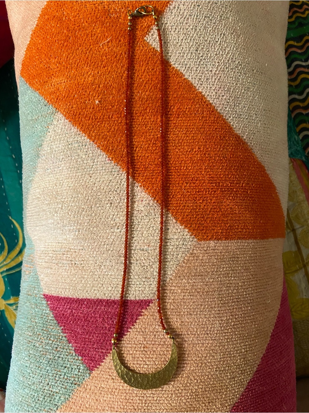 Gold Crescent Pendant Necklace with 2.5mm Carnelian Beaded Chain - Picture 4 of 8